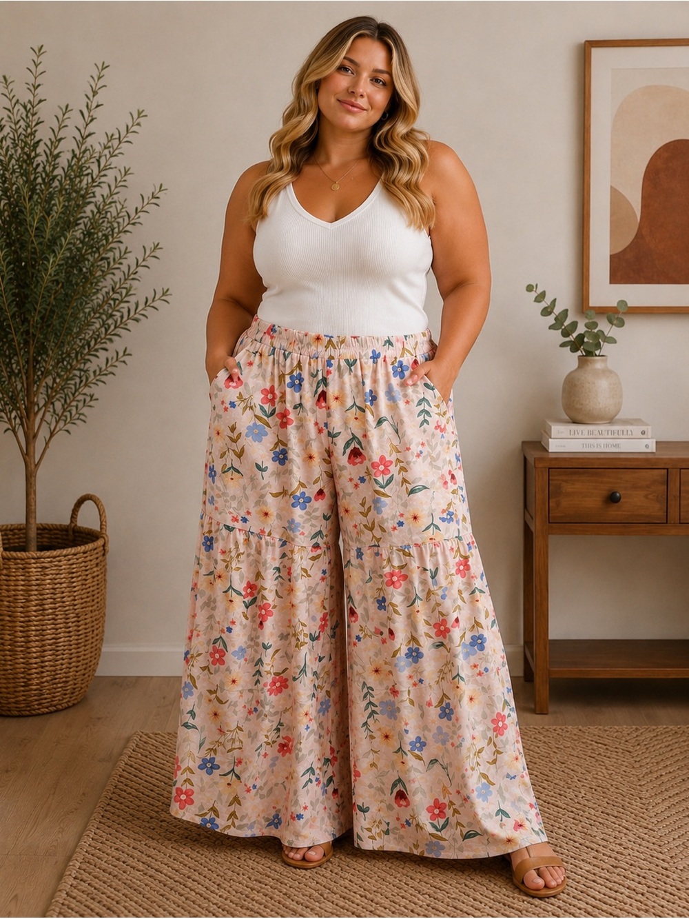 Floral Tiered pants wide leg Cream Floral 1X